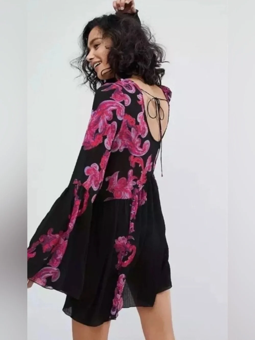 Intimately Free People Women's Floral Symphony Bell Sleeve Clip Tunic Dress